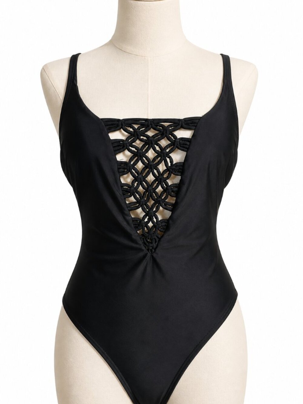 TINIBIKINI Black One Piece Swimsuit XL Macrame Back Deep V